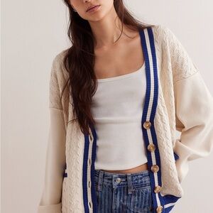 We The Free Cream and Blue Button-Up Cardigan